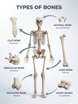 Educational diagram displaying human bone types with precise examples.