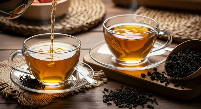 Menuangkan teh panas ke dalam cangkir kaca bening di atas meja kayu pedesaan, minuman pagi yang menenangkan dengan daun teh kering.
