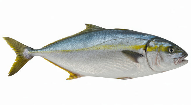 Fresh whole yellowtail fish isolated on a white background, for seafood culinary