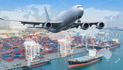 Fototapeta premium Global Logistics: An aerial view of an airplane soaring above a bustling port, showcasing the seamless synergy of air and sea transport, representing worldwide cargo.