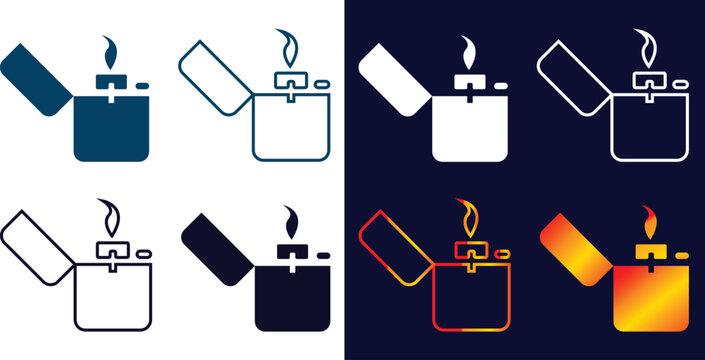 Set of metal cigarette lighters with fire flames in various flat and linear icon styles for graphic design Vector