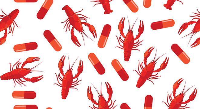 Unusual seamless pattern combining realistic red crawfish with medicinal capsules in red and orange on a plain white background.