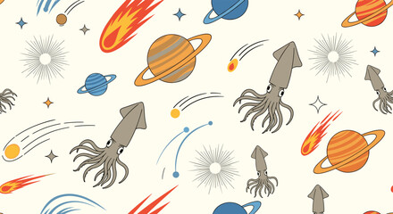 Obraz premium Whimsical space seamless pattern featuring planets, comets, stars, and giant squids floating in a galaxy with a light cream background.