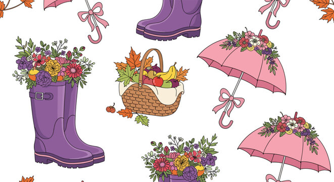 Seasonal seamless pattern with purple rain boots, pink umbrellas, fruit baskets, and autumn leaves on a white background.