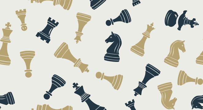 Strategic chess piece seamless pattern with kings, queens, knights, and pawns in tan and dark blue colors over a light gray background.