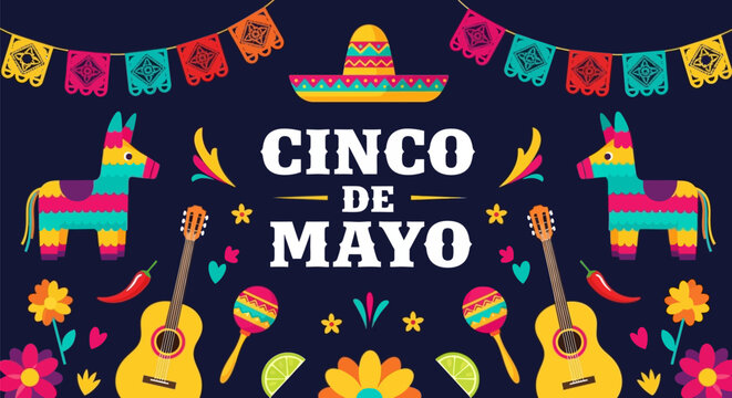 Vibrant cinco de mayo celebration background with colorful donkeys guitars and sombrero on dark blue