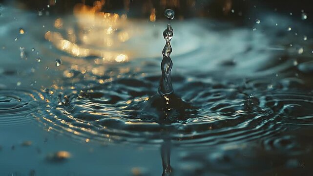A dramatic close-up of water droplets splashing into a dark, reflective surface, creating circular ripples and glowing highlights in blue and gold tones.