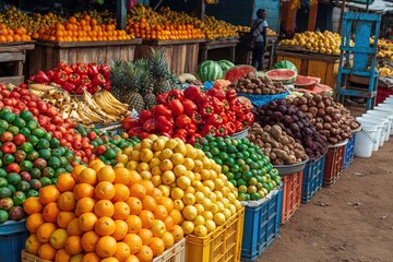 Obraz premium Fresh tropical fruit and vegetable stalls at an African outdoor market