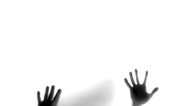 Dark Figures Push On Glass. Opaque Figure Presses Against Frosted Glass With Silent Desperation . Media