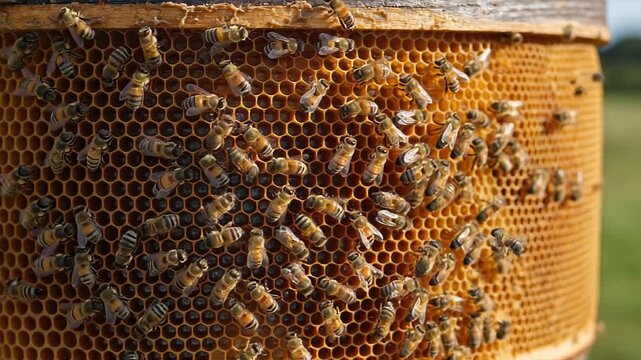 Pasika honey production, a lot of bees working on a golden honeycomb, showing delicate wings, a fuzzy body, and translucent hexagonal cells filled with honey.