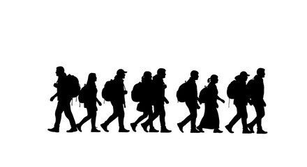 Obraz premium Striking silhouette illustration depicting a diverse group of individuals walking with backpacks, symbolizing migration, displacement, and collective human resilience