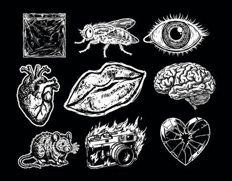Vector collection of white hand-drawn surreal anatomical and object stickers