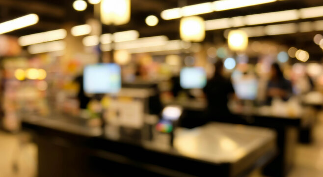 A blurred view of a retail checkout area, featuring registers and illuminated shelves, capturing the bustling atmosphere of a supermarket.