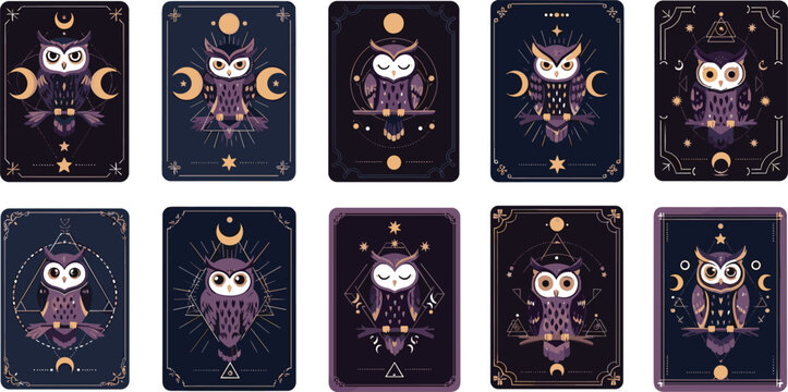 Mystical owl tarot card collection with celestial symbols, moon phases and occult elements in decorative vintage style