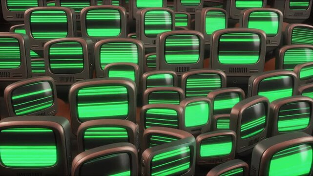 Rows of old vintage 1990s TVs display green screens in a crowded room with multiple electronic devices.