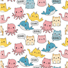 Cute seamless pattern with cats octopus and narwhal characters, adorable cartoon vector illustration with playful animals and speech bubbles isolated background © Sumon Creative