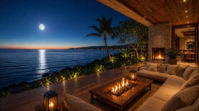 Luxury Tropical Resort Terrace at Night with Flickering Fireplace and Infinity Pool, Seamless Loop, 4K