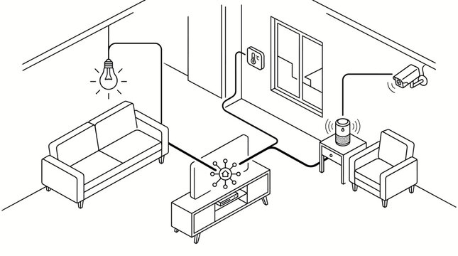 Isometric line art of a smart home system showing a living room with connected devices like security camera, smart speaker, lighting, and thermostat linked to a central hub.