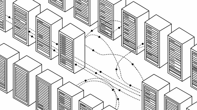 Isometric data center server racks with digital connection lines. Minimalist black and white line art representing cloud computing, big data, and networking infrastructure.
