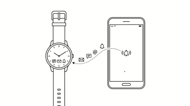 Minimalist line art of a smartwatch syncing with a smartphone. Illustrating seamless data transfer for notifications like mail, messages, and alerts between wearable technology and mobile devices.