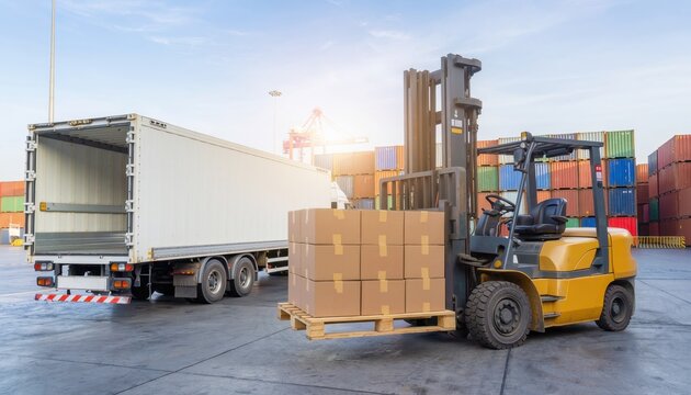 Logistics Hub: A bustling logistics hub showcasing the intricate dance of transport and commerce, with a forklift deftly maneuvering pallets of goods beside a semi-truck, readying for distribution.