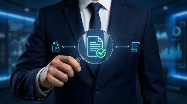 Businessman analyzing documents with magnifying glass and check mark icon, representing document verification, quality assurance, compliance review, and data validation