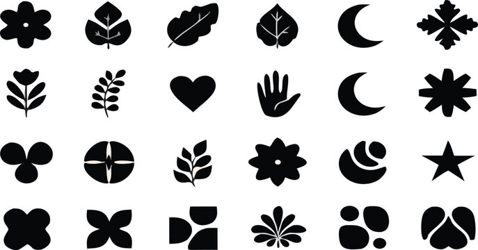 Minimal black silhouette icons collection with leaves flowers shapes and symbols, vector illustration set of simple graphic elements isolated on light background