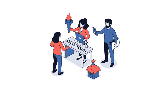 Isometric Illustration of People Gathering Around a Truthful Desk.