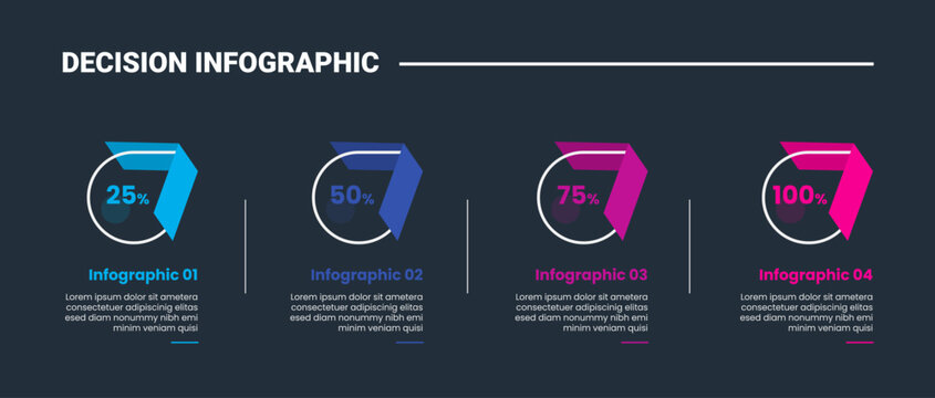 Decision making infographic process diagram with circle and arrow with percentage inside on horizontal direction with dark background bright outline style 4 points