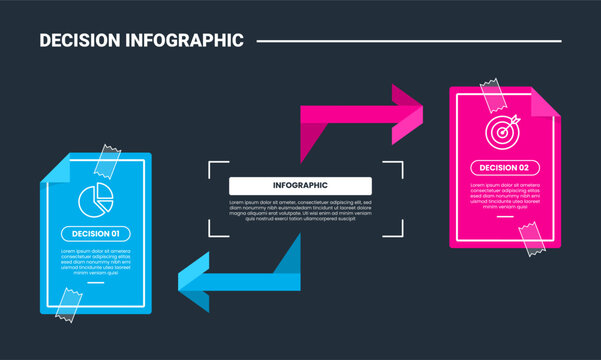 Decision making infographic process diagram with paper clipboard with tape with arrow opposite direction up and down comparison with dark background bright outline style 2 points