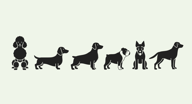 Silhouettes of various dog breeds standing.