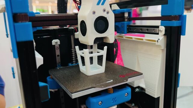 Close-up of a DIY 3D printer creating a white plastic frame part. Concept of modern additive manufacturing, rapid prototyping, engineering, and innovative hobby technology.