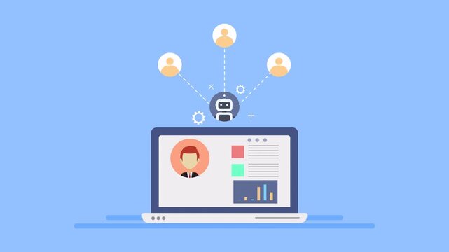 CRM software connects with agentic AI. Bot collects customer data. Laptop connecting users with a profile and a bot is ideal for tech concepts, networking visuals, ai technology designs. 2d animation.