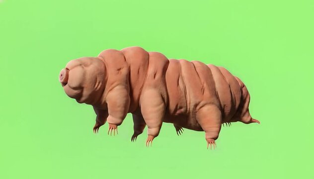 Tardigrade water bear walking in studio isolated on green screen background