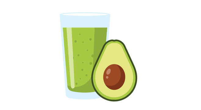 A glass of vibrant green avocado juice is placed beside a halved avocado showing the large brown pit in a clean flat graphic illustration on a white background.