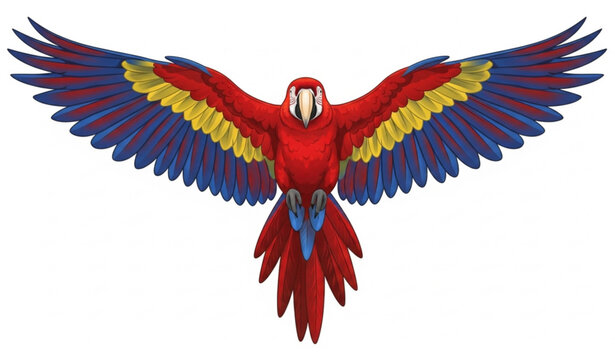 Flying scarlet macaw parrot wings spread realistic vector illustration colorful tropical bird isolated on white background clipping path