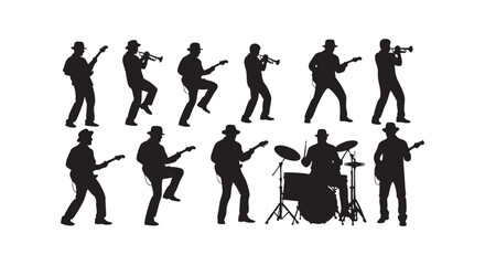 Obraz premium Collection of various jazz musicians silhouettes playing guitar and trumpet with drums isolated on white background.