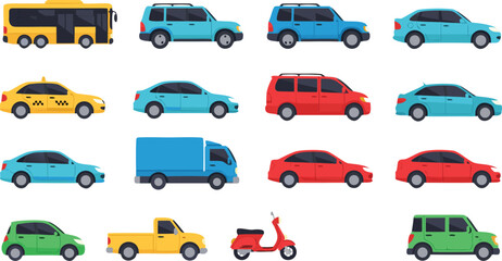 Various vehicles collection in flat cartoon style, vector illustration set with cars bus truck taxi scooter and SUV isolated on light background © Sumon Creative