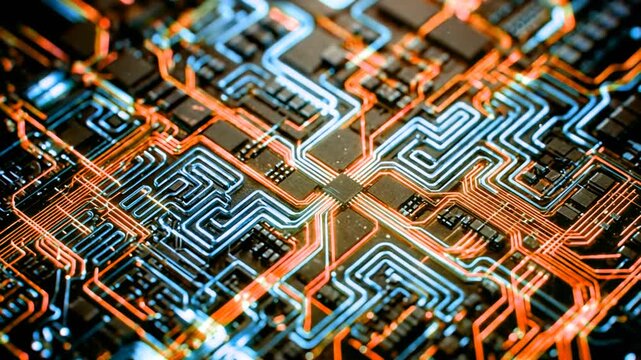 Abstract microchip circuit board with glowing blue and orange light signals, 4K futuristic technology background loop.