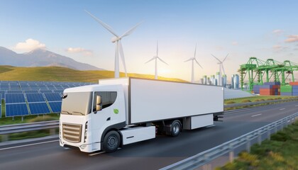 Naklejka premium Eco-Friendly Transport: A modern electric truck cruises along a highway, symbolizing sustainable transportation against a backdrop of solar panels, wind turbines, and a green cityscape.