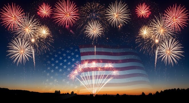 vibrant 4th of july fireworks display over american flag at dusk with colorful explosions
