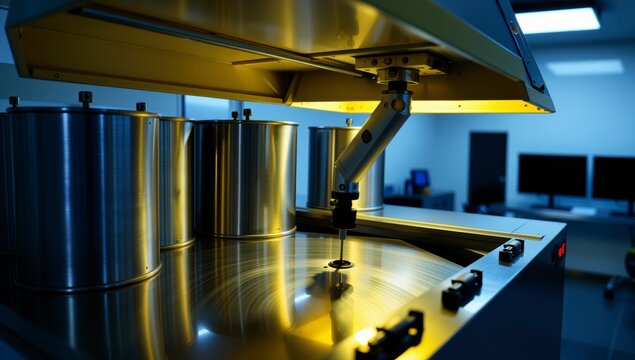 Robotic arm precisely placing component on spinning metal disc under yellow industrial lighting