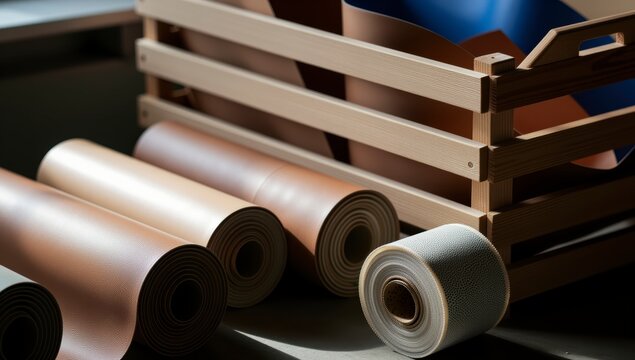 Rolls of brown and tan synthetic leather material stored in wooden crate and on concrete floor