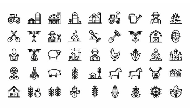 Farm agriculture outline icon set with tractor crops livestock smart farming and gardening symbols