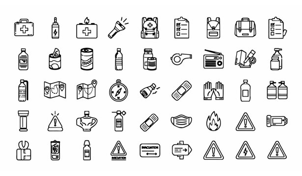 Emergency kit outline icon set with survival gear evacuation checklist and safety symbols vector collection