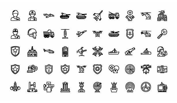 Military and army outline icon set with soldier vehicles air force and defense system symbols