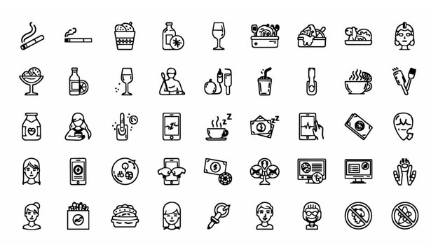 Bad habits outline icon set with unhealthy lifestyle addiction and negative behavior symbols vector collection