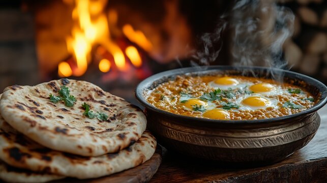 Winter gathering with steaming nihari tandoori naan fried eggs and chai served beside a cozy fireplace with friends enjoying the warmth