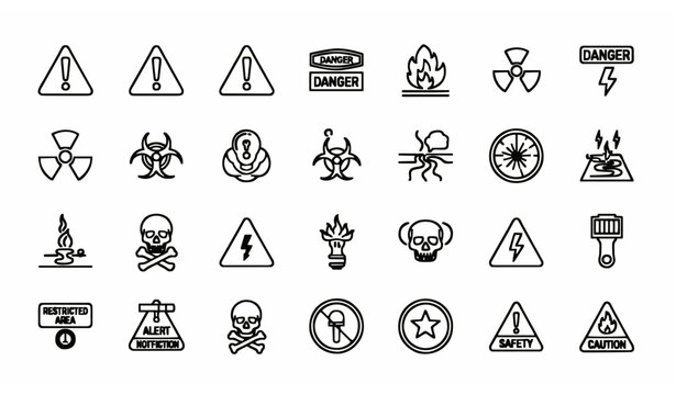 Danger and warning outline icon set with hazard symbols safety alerts and risk signs vector collection