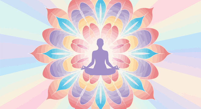 Person meditates in lotus position within a vibrant multicolored flower mandala surrounded by pastel rays